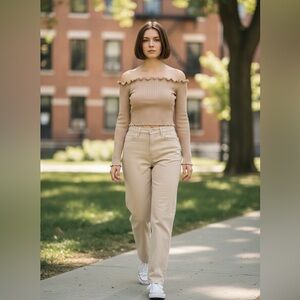 Reformation Women's Beige Ribbed Knit Long Sleeve Crop‎ Top